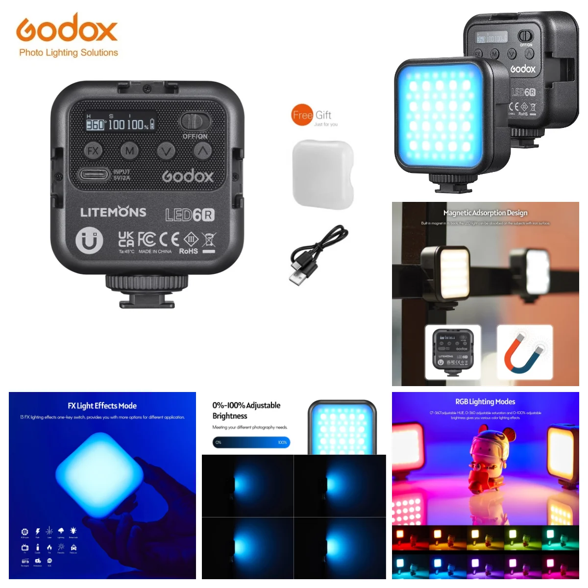 Фото Светодиодный видеосвет Godox LITEMONS LED6R RGB, перезаряжаемый, 13 световых эффектов, магнитное крепление, 3 крепления типа 