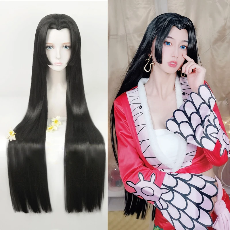 

Boa Hancock Cosplay Wig 95cm One Piece Boa Hankokku Styled Black Long Straight Heat Resistant Synthetic Hair Wigs + Earrings