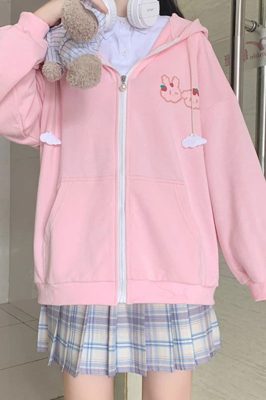

Winter Japanese JK Hooded Jacket Women Loose Preppy Sweet Cute Bunny Print Pink Jacket Girl Overcoat Student Outer Coat Tops