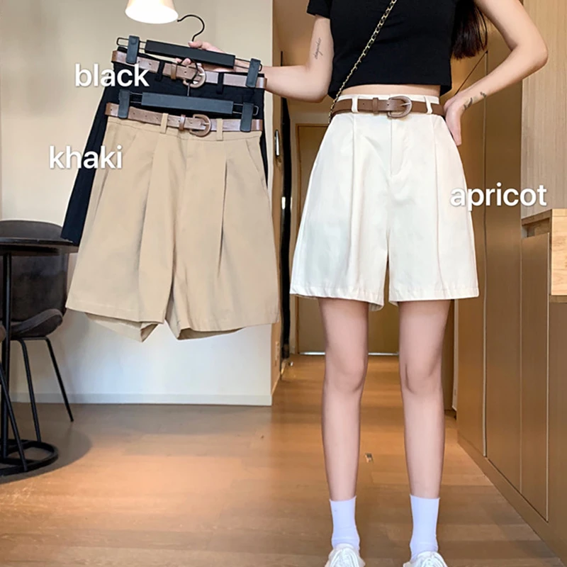 

Solid High Waist Folds Short Pants Woman's Korean Leisure Oversized Shorts Women Fashion Chic Belt Five-point Pants Woman 2021