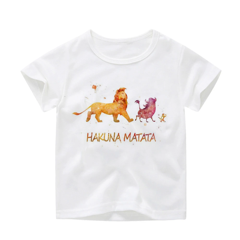 Летние детские футболки Забавные для мальчиков с принтом животных HAKUNA MATATA топы