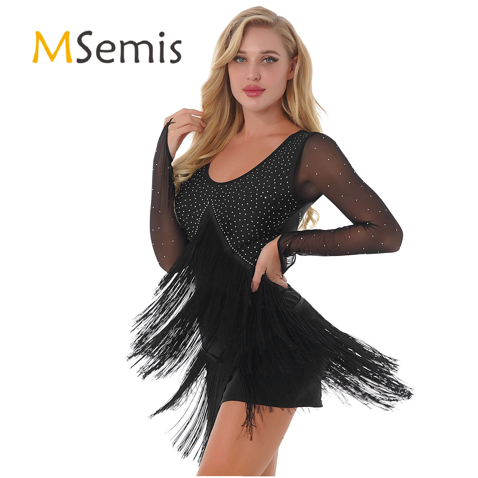 

Женское блестящее платье с бахромой для катания на коньках, костюм для бальных танцев, прозрачное Сетчатое платье с длинным рукавом и бахромой