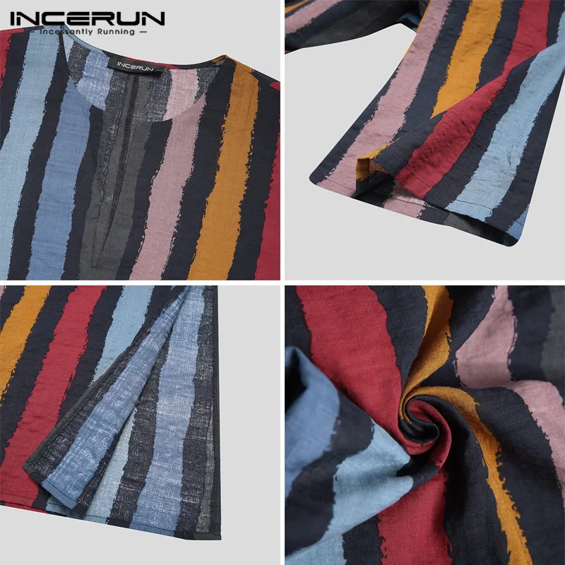 

Men Pocket Saudi Clothing INCERUN Striped Print Muslim Robes Men Ethnic Long Sleeve V Neck Kaftan Robe Casual Loose Cotton Thobe