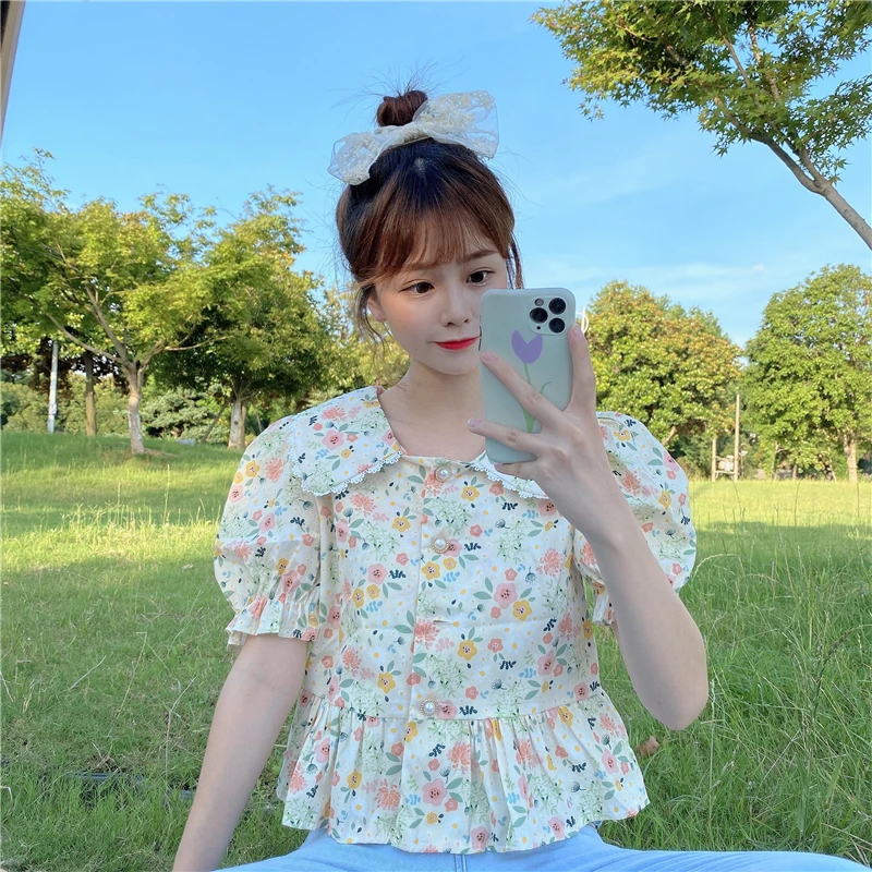 Летний укороченный топ с принтом Питер Пэн и воротником Женская одежда Шикарные