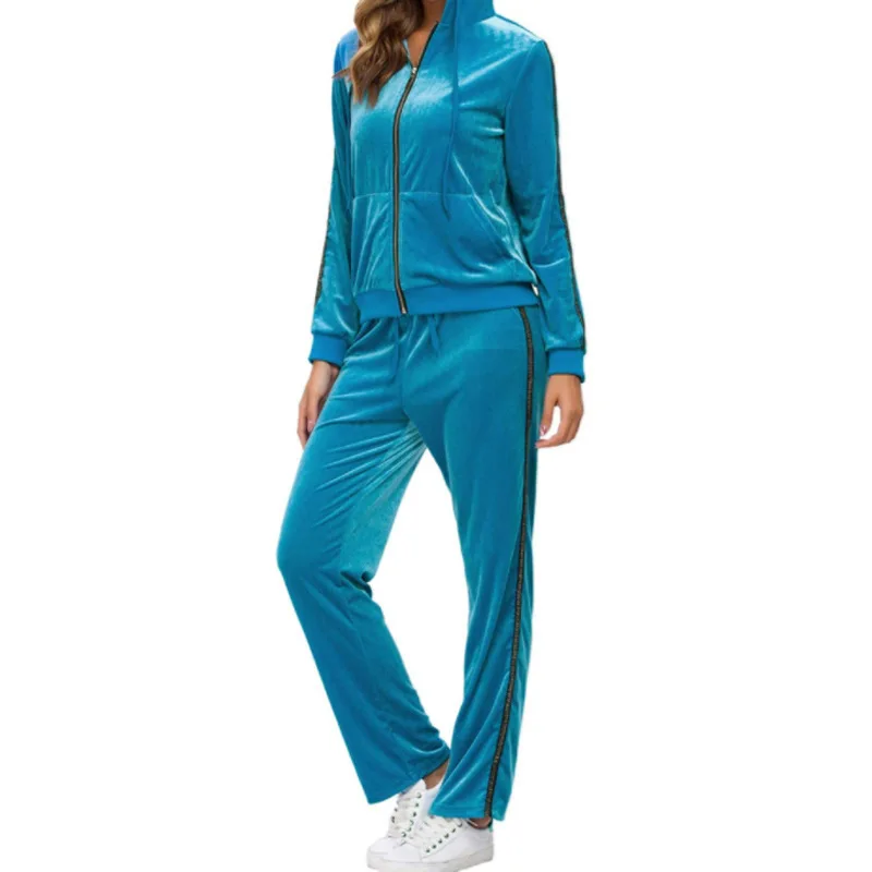 

Pink Long Sleeve Sweater Set New Warm Golden Velvet Zipper Two-piece Set In Autumn and Winter Women's Sweatshirt+Sports Pants