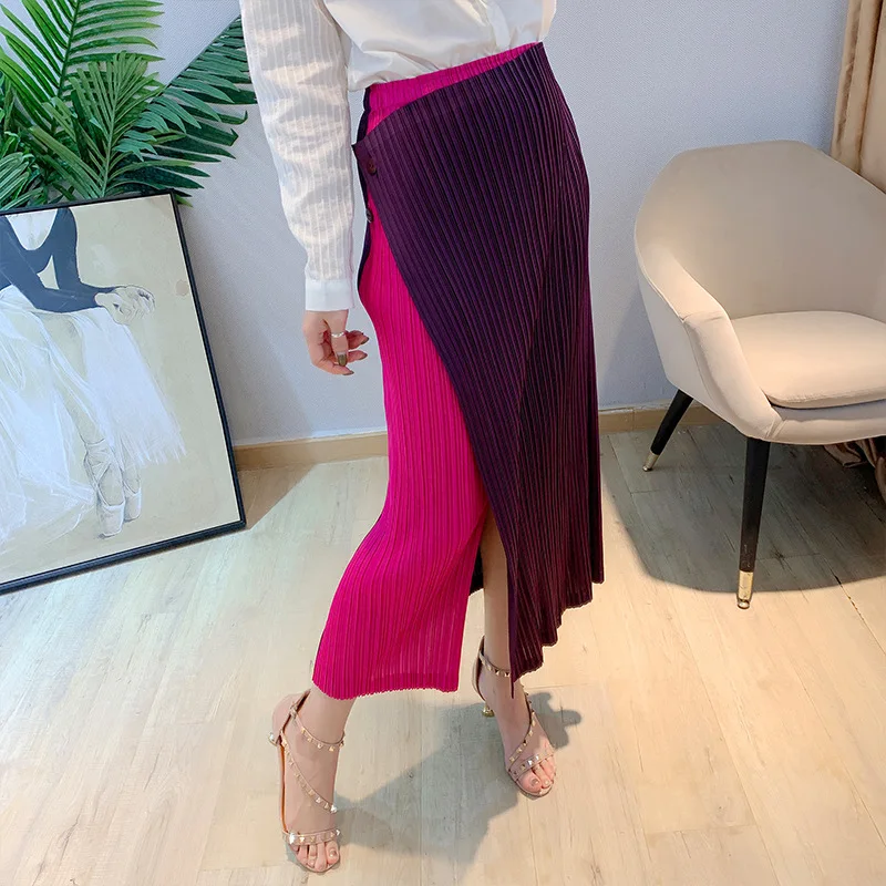 

SuperAen 2021 Autumn New Irregular Contrast Color Long Straight Purple Pleated Skirt Women