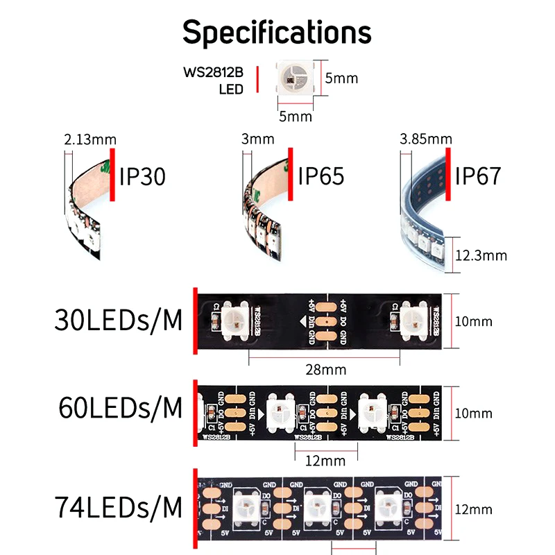 Светодиодная лента WS2812B 5050 RGB водонепроницаемая светодиодная WS2812 5 м