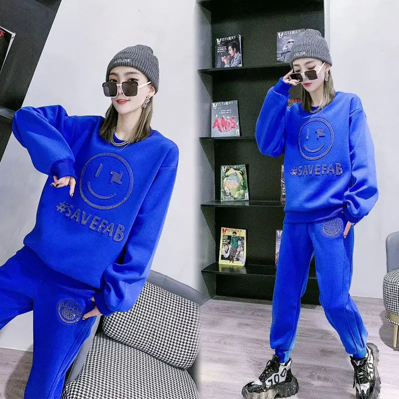 

Women's fashion casual sports suit 2021 autumn and winter new Korean version loose and thin plus velvet thick two-piece fashion