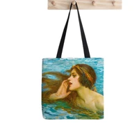 shopper little sea maiden margetston painted tote bag women harajuku shopper handbag girl shoulder shopping bag lady canvas bag