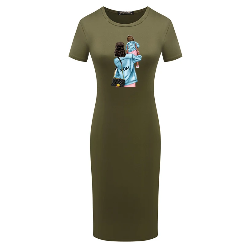 

Summer Mama&Baby Print Dress Women Bodycon Sexy Short Sleeve Elegant Party Pencil Dresses Blg Size Vintage Lovely Vestidos