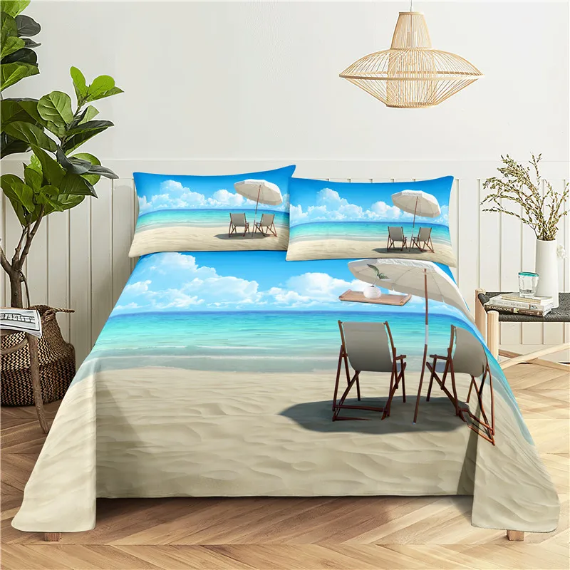 

Seaside Scenery 0.9/1.2/1.5/1.8/2.0m Digital Printing Polyester Bed Flat Sheet With Pillowcase Print Bedding Set