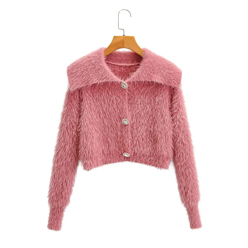 

women autumn pink fashion big turn-down collar knitted cardaigans 2020 stylish lady jewellery single breasted hairy sweaters