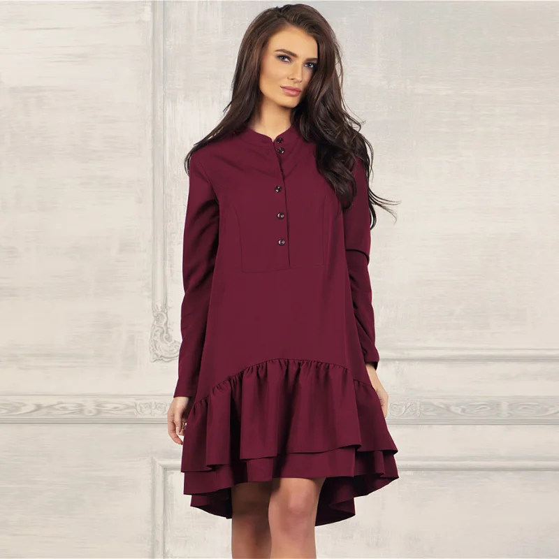 

Women Casual Solid Ruffles Dress Office Ladies Stand Collar Long Sleeve A Line Elegant Party Dress 2020 Women autumn Mini Dress
