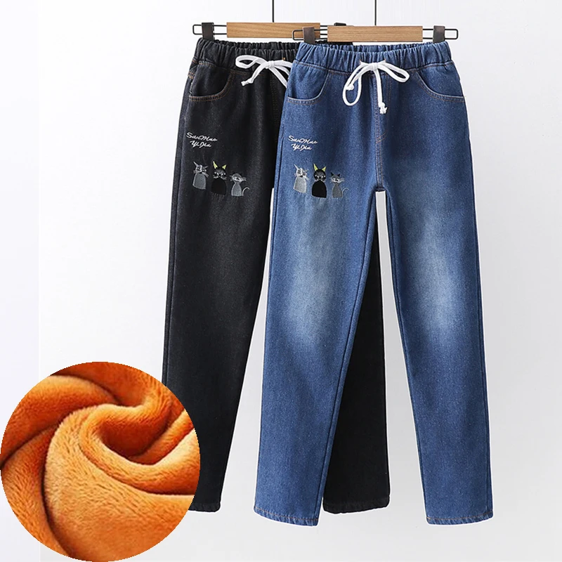 OMIKRON новые зимние джинсы для женщин Золотой флис изнутри утолщение джинсовые