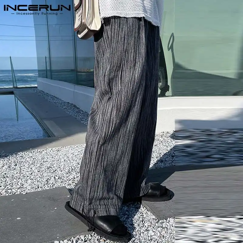 

Korean Style New Men Pantalons Streetwear Slacks Trouser INCERUN Mens Wide Leg Elastic Waist Drape Loose Straight Striped Pants