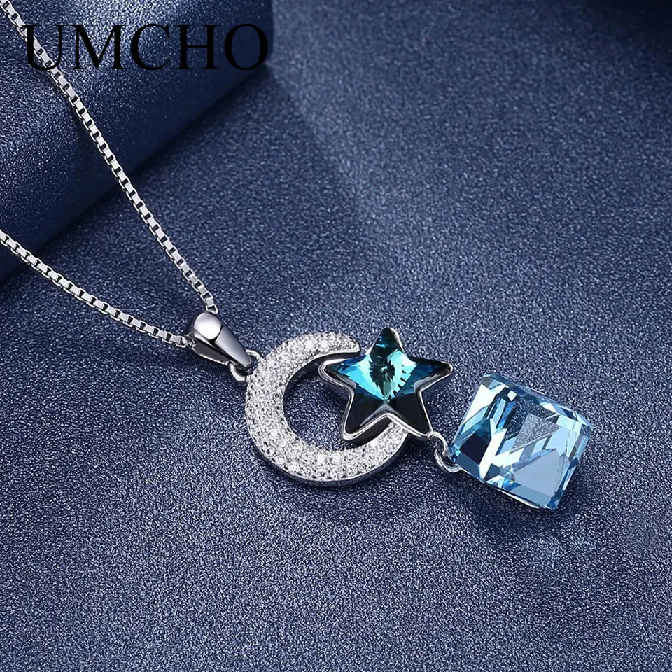 

UMCHO Star Real 925 Sterling Silver Created Blue Crystal Gemstone Necklaces Pendents For Women Party Wedding Gift With Chain