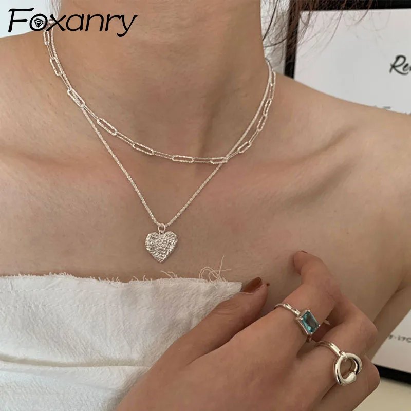 

FOXANRY 925 Stamp Couples Necklace for Women Trendy Elegant Sparkling Chain Irregular Texture LOVE Heart Party Jewelry