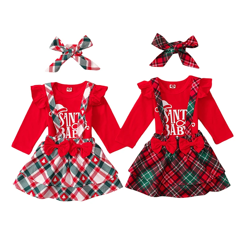 

Рождественский комплект одежды для маленьких девочек 3 шт. комбинезон с длинным рукавом с буквенным принтом Сарафан в клетку юбка комплект ...