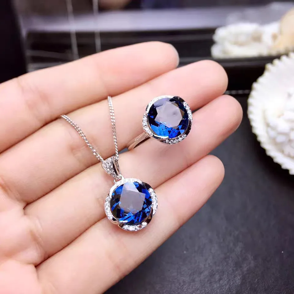 

925 Sterling Silver Jewelry Sets for Women Gemstone SAPPHIRE Ring Pendant Necklace Women Wedding Engagement Jewelry with Box