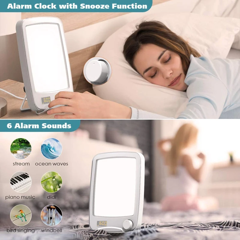 

Light Therapy Lamp,Sun Lamp with 10000 Lux,Sunrise Alarm Clock with 6 Alarm Sounds,Snooze Function,20 Brightness and Standing Br