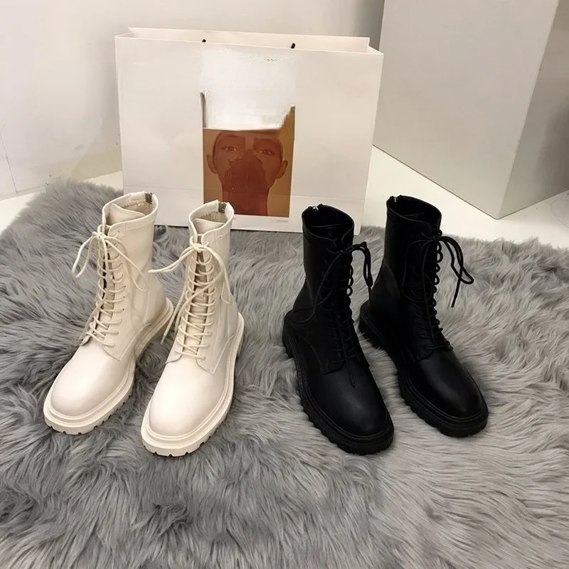 

Женские ботинки на низком массивном каблуке, ботинки на шнуровке с молнией сзади, Классические мотоциклетные ботинки черного и белого цвет...