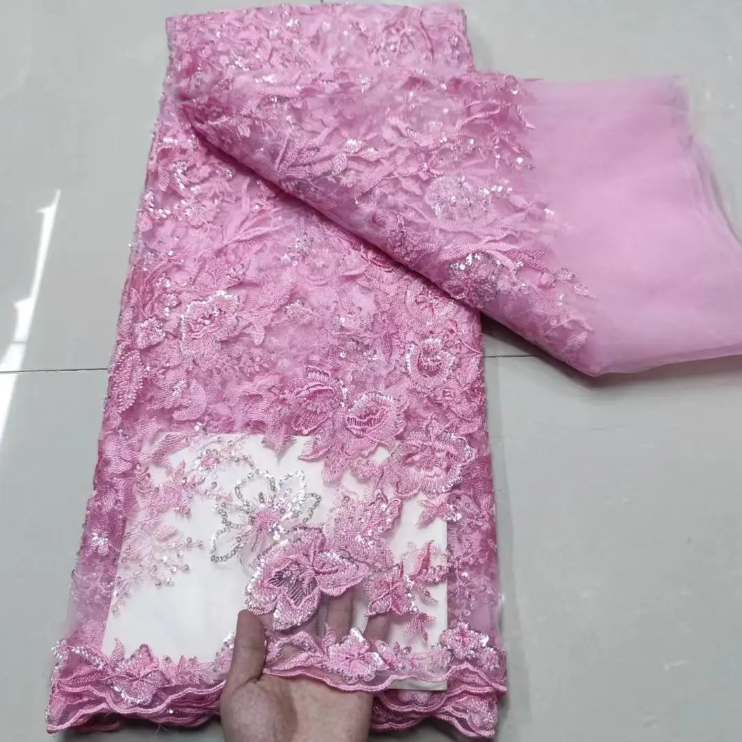 (5 yardas/pc) de alta calidad de color nude Red de encaje francoafricano tubo cuentas tul bordado tela de encaje para el vestido de boda FYY038-3