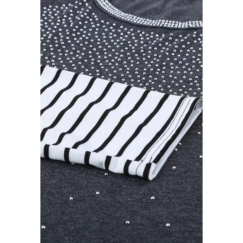 

LUCKYFRIDAYF Harajuku Gray Rhinestone Beading Striped Patchwork Long Sleeve Top Plus Size Woman Oversize Tshirts Mujer Camisetas