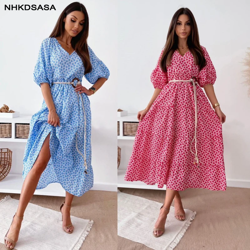 

NHKDSASA Summer Dress Women Puff Sleeve Flroal Printed Ruched V-Neck Casual Long Maxi Dresses Drawstring Sexy Vestidos Sundress