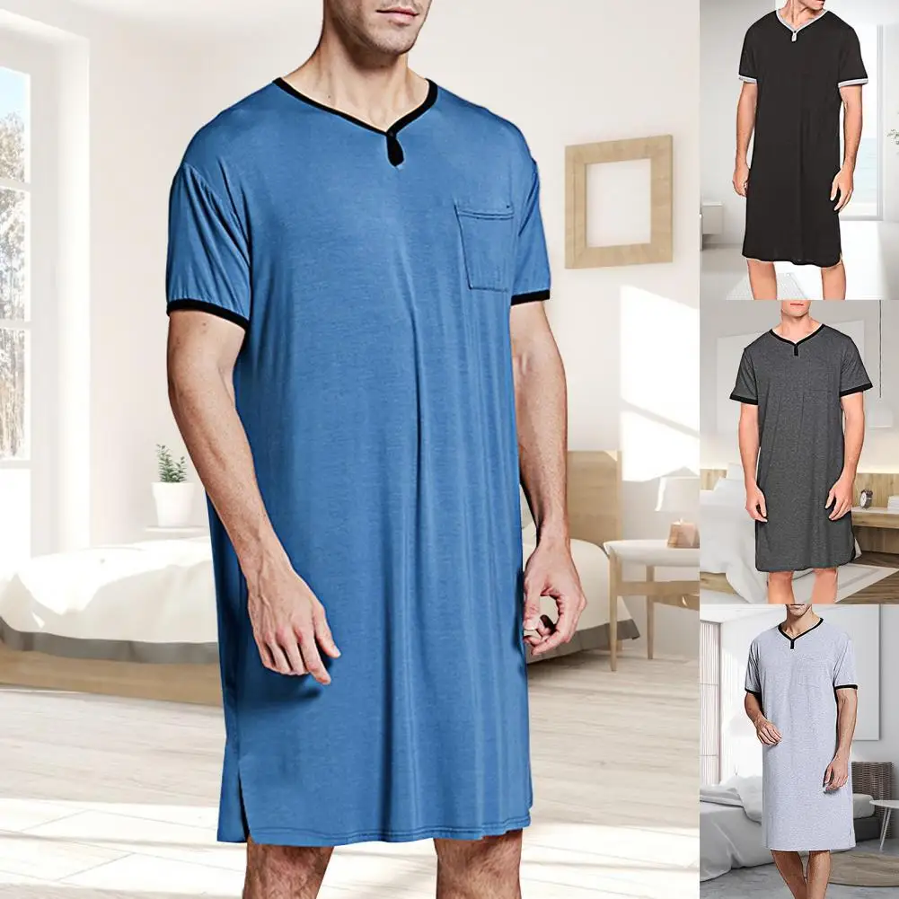

Men Sleep Robes Short Sleeve O Neck Pocket Nightdress Soft Loose Knee-length Nightgown Homewear Mens Bathrobes