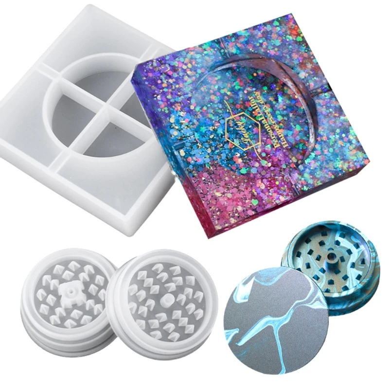 

2Pcs Ashtray Mold Silicone with Herb Grinder Molds Kit Epoxy Resin Mold Crafts
