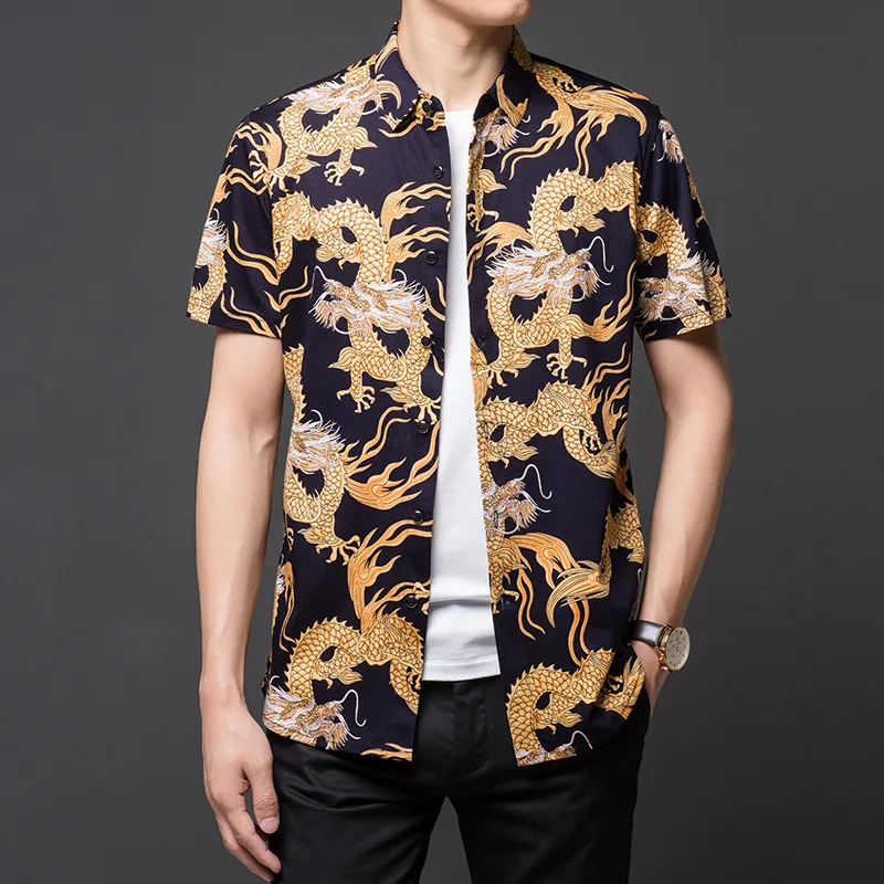 

Модная рубашка с 3D-принтом золотого желтого дракона, летняя качественная хлопковая мягкая удобная крутая Мужская рубашка с коротким рукавом