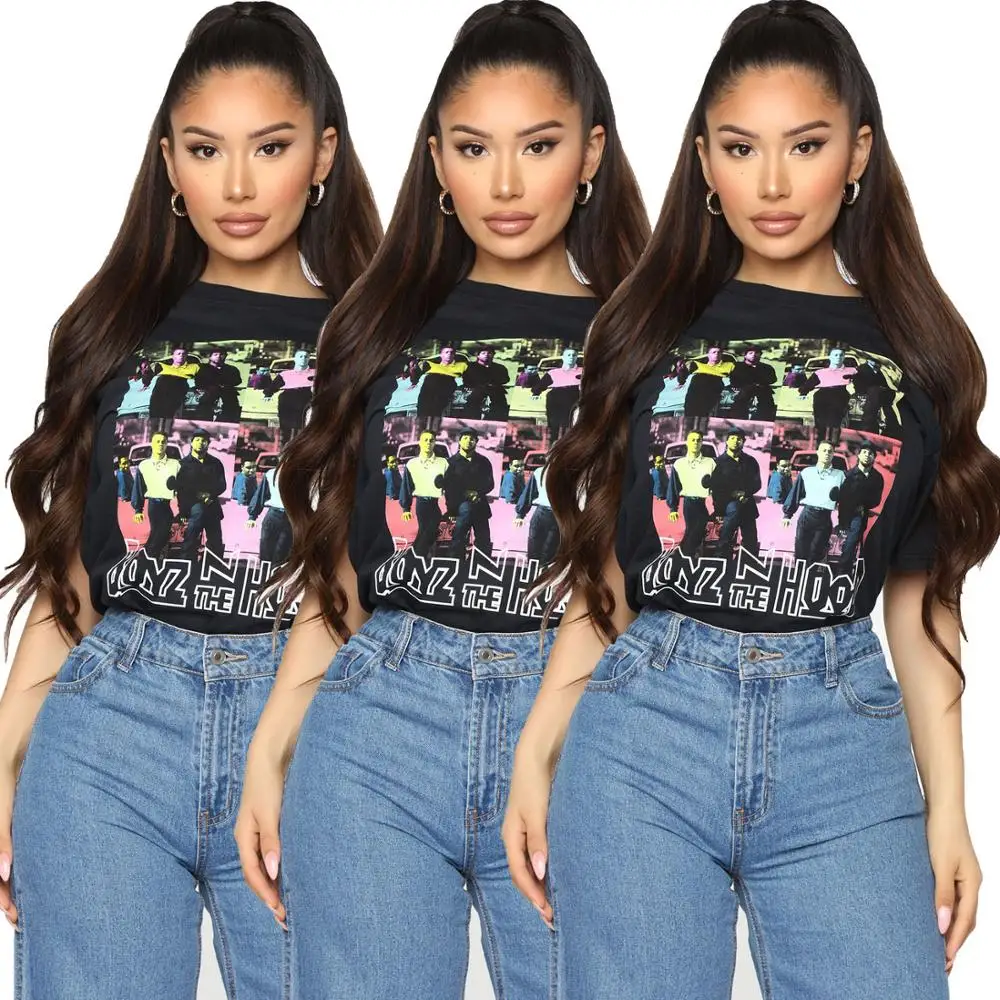 

Fashion Women Pattern Print Black T-shirt 2020 Hot Sale Summer Streetwear Femme O Neck Short Sleeve Pullover Tees Casual Tops