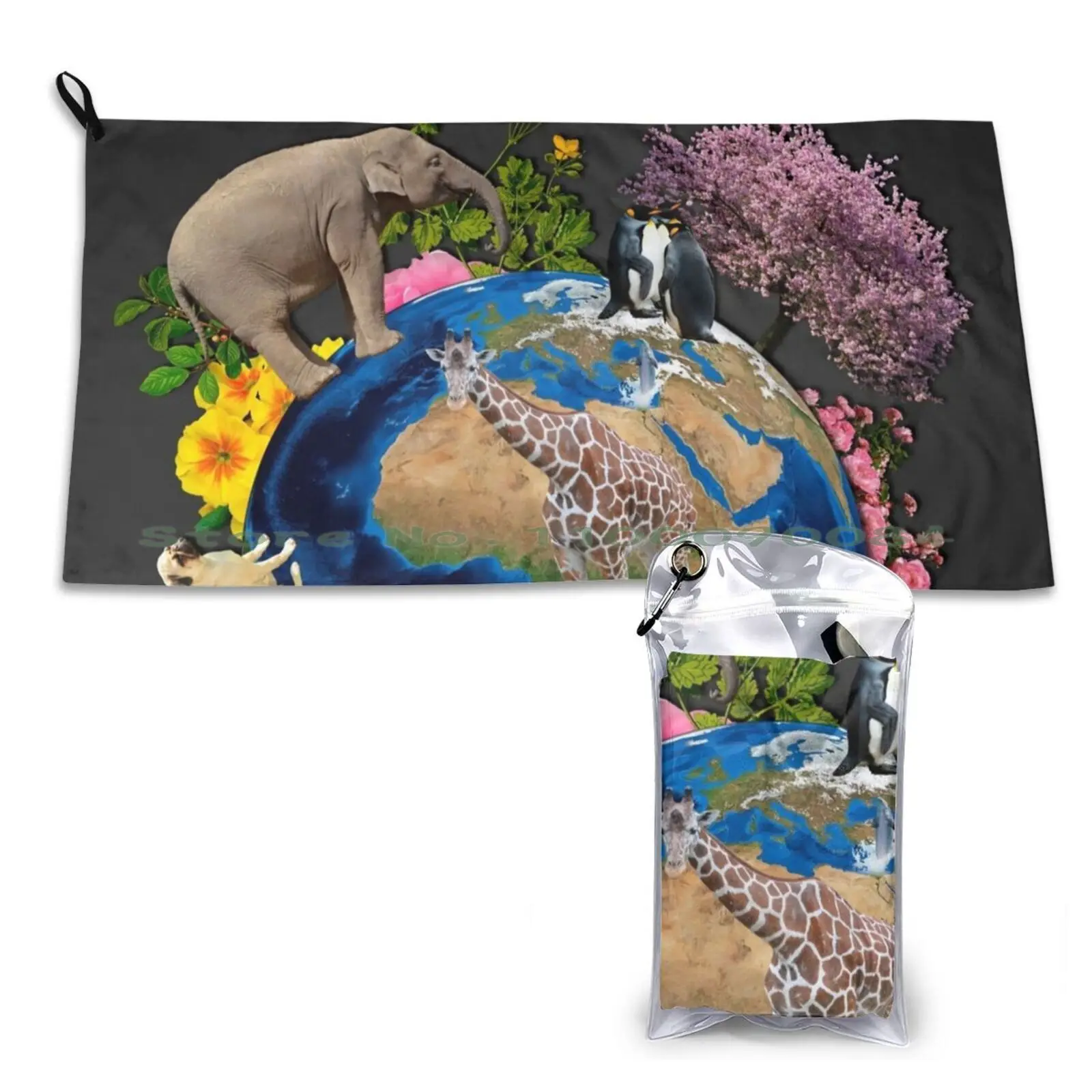 

Nature Quick Dry Towel Gym Sports Bath Portable World Earth Planet Mother Nature Flowers Trees Plants Animals Tiger Dog Giraffe