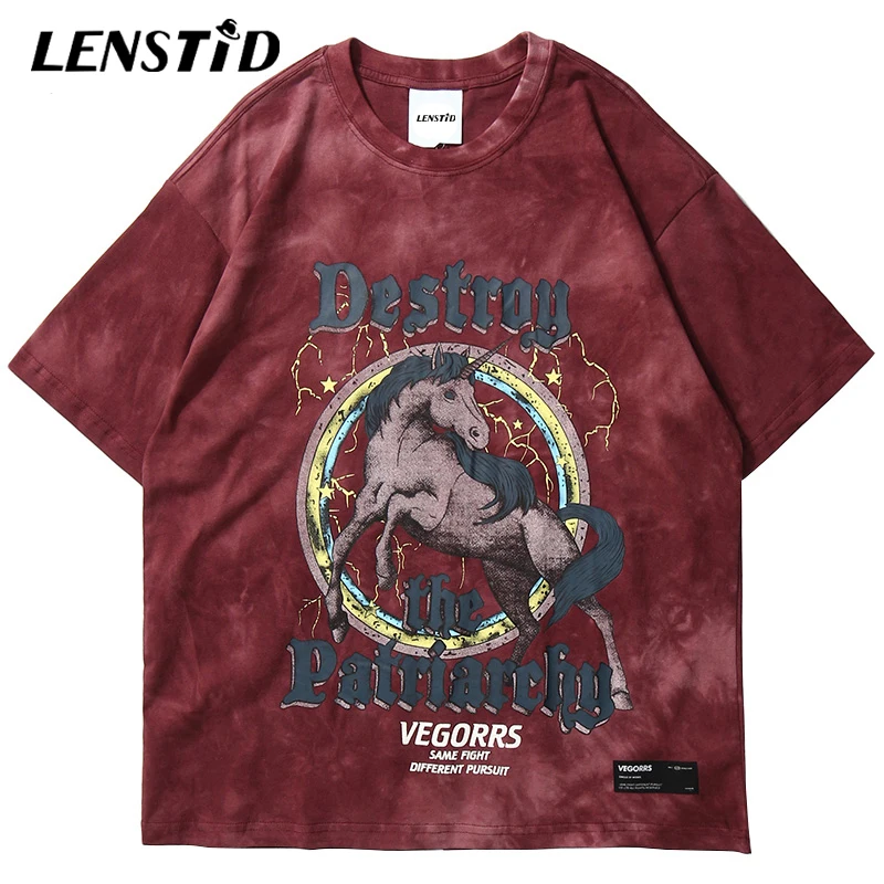 LENSTID 2020 хип-хоп Футболка с принтом Tie Dye Мужская Уличная диких лошадей Harajuku летняя