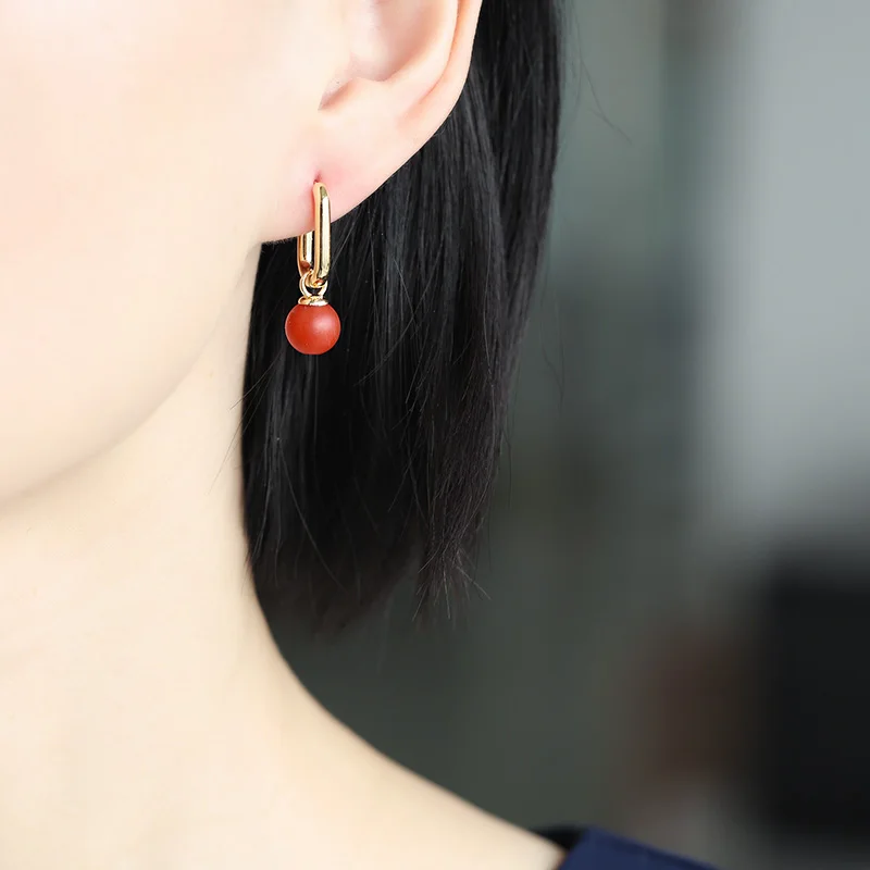

DAIMI Gemstones Baoshan Persimmon Red South Red Agate Earrings Women's Natural 925 Sterling Silver Earrings Customization