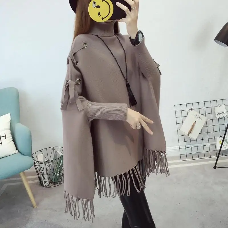 

Women Solid Tassel Shawls Poncho Capes Knitted Shawl Knit Cardigans Sweater Coat 2021 Spring Internet Celebrity Winter Warm Coat