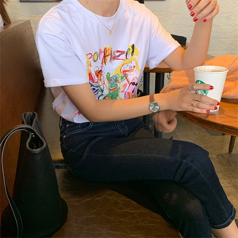 

Graffiti Printed Short-Sleeved Personalized T-Shirt Women 2021 Summer Fashion New White Round Neck Loose Top Trendy 465