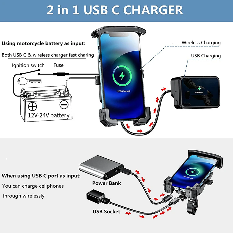 15w qi wireless and usb charger phone holder gps phone mount for motorcycle handlebar phone accessories free global shipping