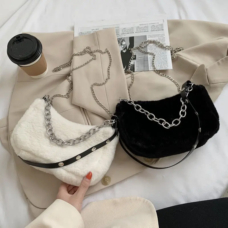 

Solid Color Faux Fur Women Small Shoulder Bags Winter Plush Ladies Chain Underarm Bag Luxury Design Female Tote Purse Handbags
