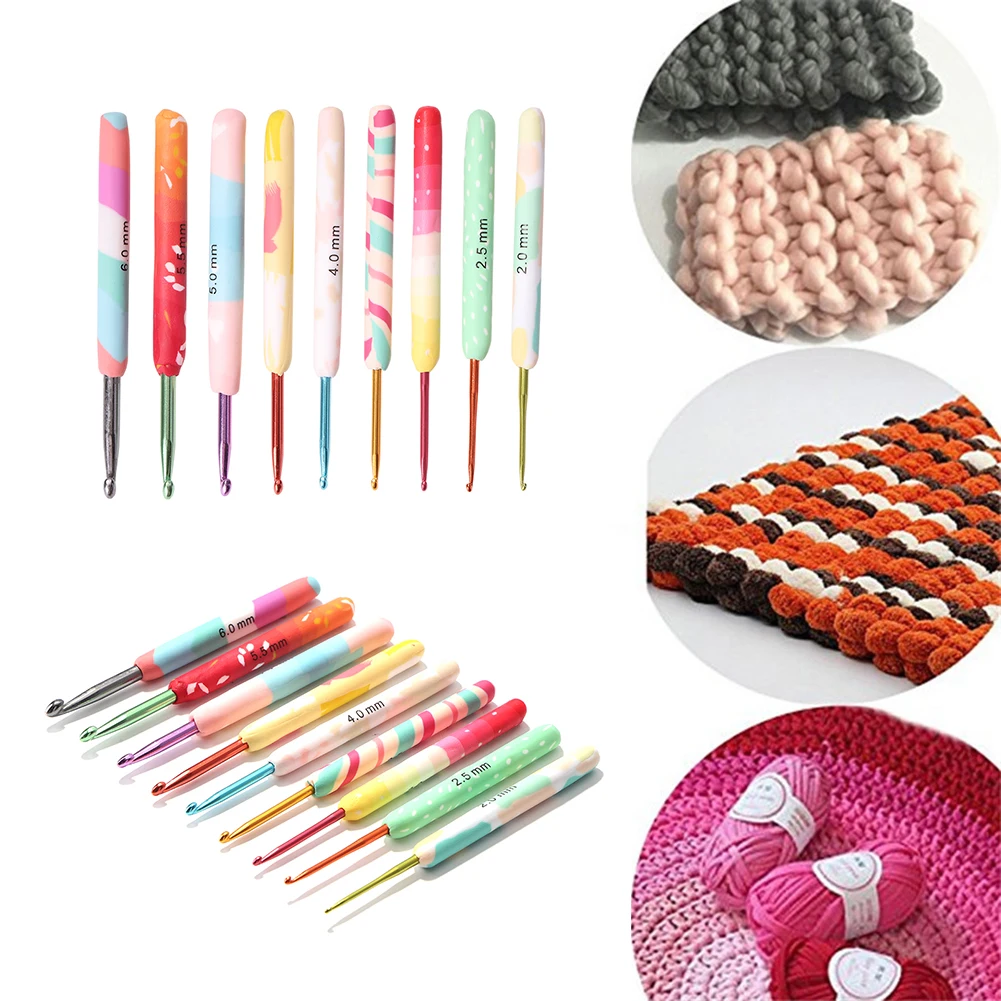 

9pcs Soft Handles Sweater Needles Aluminum Alloy Hand Sewing Needles Home DIY Colorful Ergonomic Crochet Hooks Knitting Tools