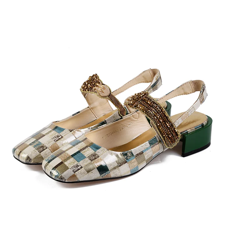 

2021 Summer Women Pumps Square Head Rhinestone Slingbacks Single Shoes Genuine Leather Low Heels Crystal Elegant Dress Sandals