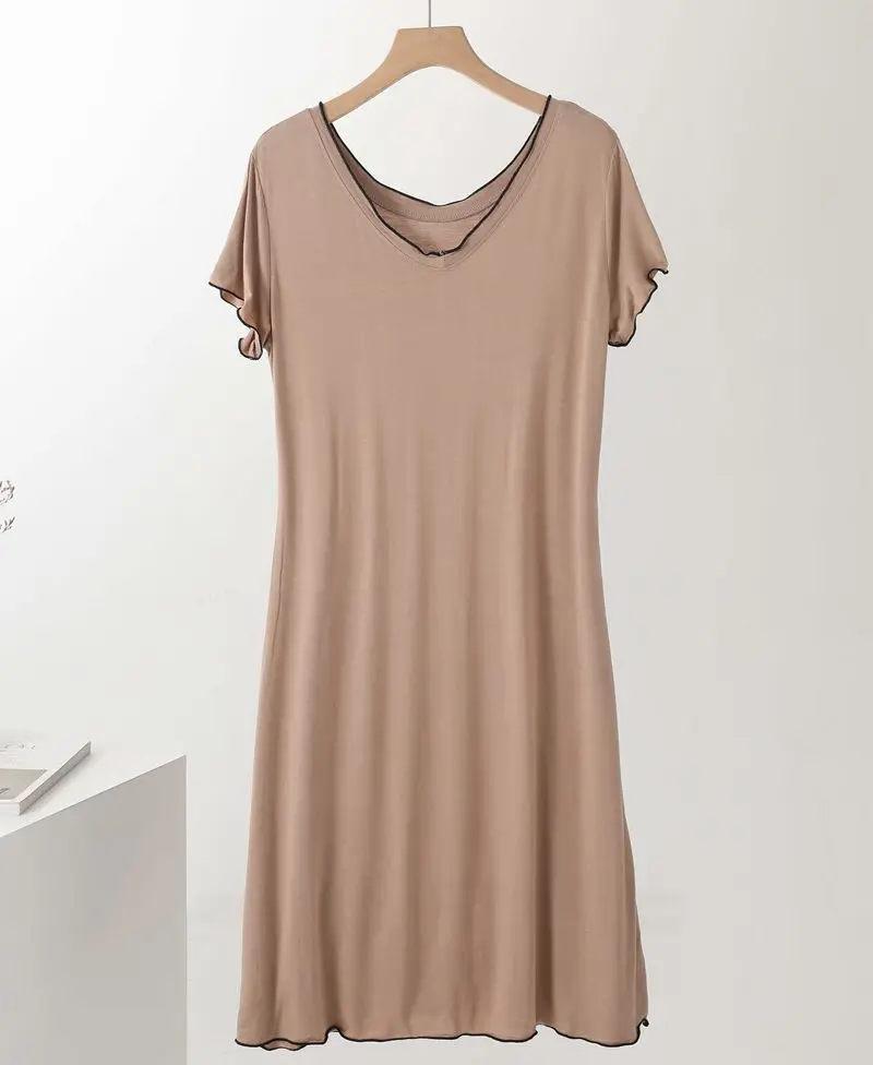 Summer New Modal Nightdress Women's Korean V-neck Short Sleeve Solid Slim Dress Medium Length Nightgowns Homewear Sleepwear