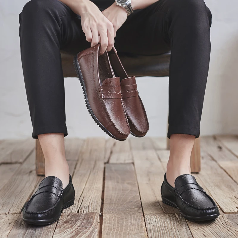 Мокасины мужские из натуральной кожи мягкие лоферы модная брендовая удобная