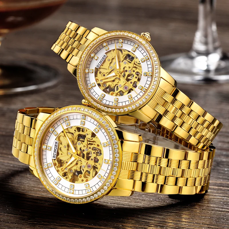 

Mens Women Watches Luxury BINGER5051 Mechanical Couple Lover Diamond Gold Sapphire Watch for Men 2020