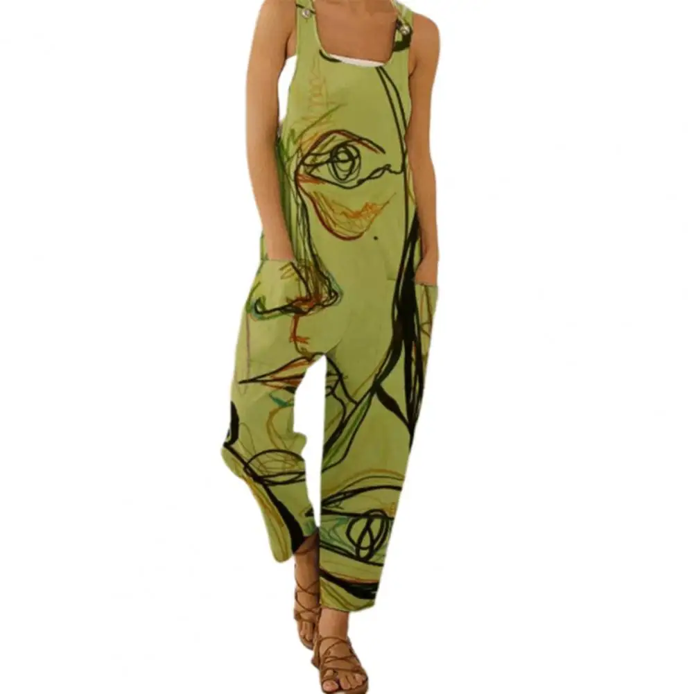 

Summer 2021 Plus Size Women Jumpsuit Casual Abstract Scrawling Sleeveless Strappy Pockets Loose Streeetwear Overall Romper