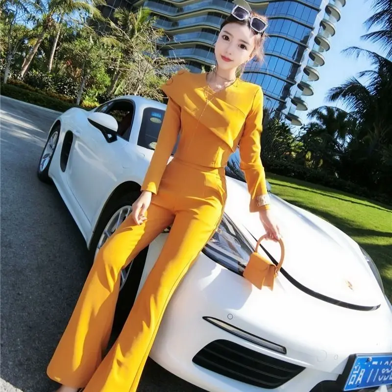 Женский костюм двойка желтый роскошный в корейском стиле|Спортивные костюмы| |