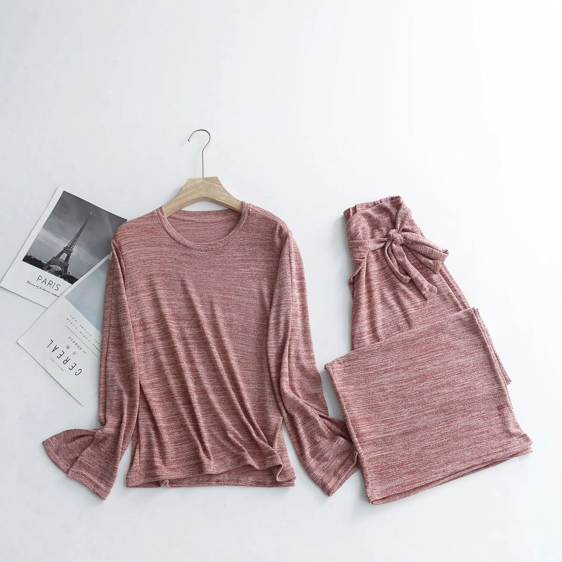 Wine red Комплект из двух предметов, спортивный костюм для женщин, Осень-зима, футболка с длинными рукавами+ штаны, комплект из 2 предметов, домашние костюмы, трикотажные хлопковые свободные пижамы - Цвет: Wine red