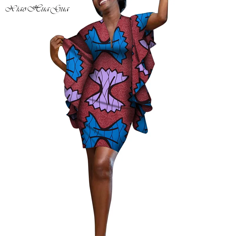 Женское платье с восковым принтом Bazin черное до колен рукавами оборками в