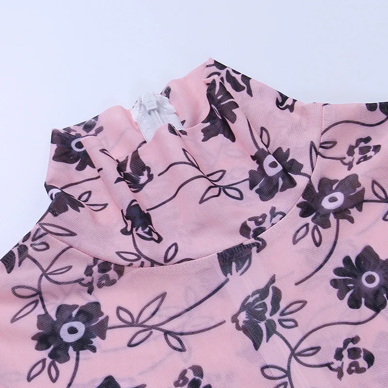 

YYXZ Women Overall Slim Sexy Print Florals Long Sleeve T-shirt Style Turtleneck Woman Skinny Mesh Jumpsuits Lady Long Rompers