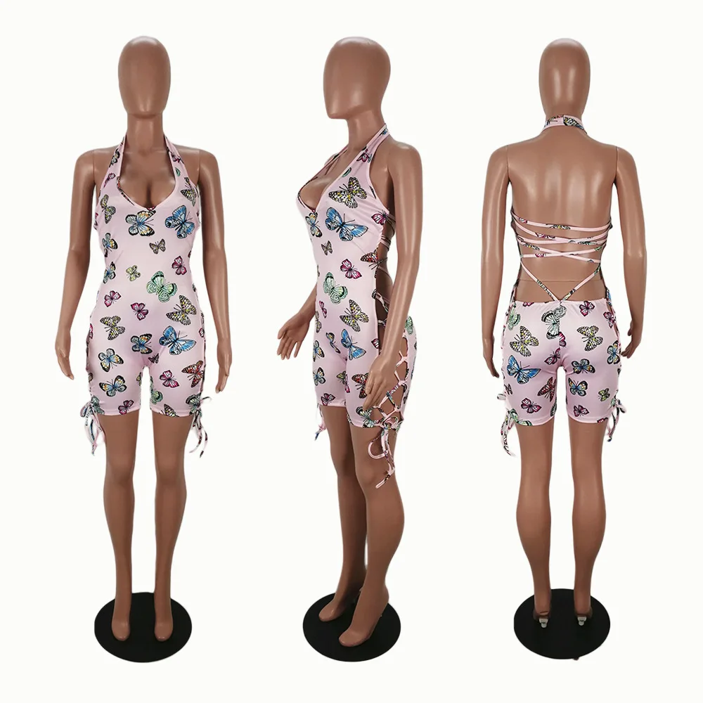 

HAOOHU Skinny Jumpsuit Women Summer 2020 Deep V Neck Sleeveless Short Playsuit Casual Side Lace Up Backless Romper